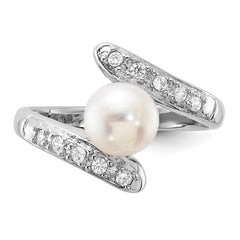 Sterling Silver Rhodium-plated 6-7mm White Freshwater Cultured Pearl and CZ Bypass Ring - 3