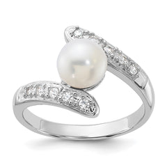 Sterling Silver Rhodium-plated 6-7mm White Freshwater Cultured Pearl and CZ Bypass Ring - 3