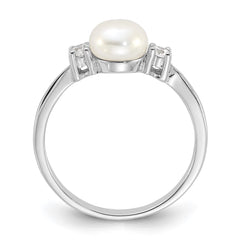 Sterling Silver Rhodium-plated 6-7mm White Freshwater Cultured Pearl and CZ Ring - 3