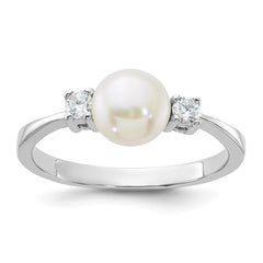Sterling Silver Rhodium-plated 6-7mm White Freshwater Cultured Pearl and CZ Ring - 3