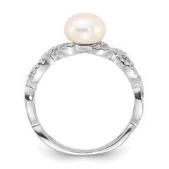 Sterling Silver Rhodium-plated 7-8mm White Freshwater Cultured Pearl and CZ Infinity Ring - 3