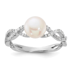 Sterling Silver Rhodium-plated 7-8mm White Freshwater Cultured Pearl and CZ Infinity Ring - 3