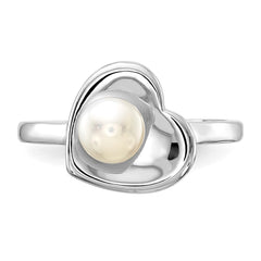 Sterling Silver Rhodium-plated 5-6mm White Freshwater Cultured Pearl Heart Ring - 2