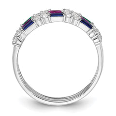 Sterling Silver Rhodium-plated Green, Red and Blue CZ 3 Ring Set - 3