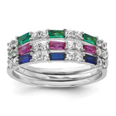 Sterling Silver Rhodium-plated Green, Red and Blue CZ 3 Ring Set - 3