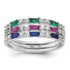 Sterling Silver Rhodium-plated Green, Red and Blue CZ 3 Ring Set - 3