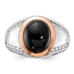 Sterling Silver RH-plated Rose Gold-plated Onyx and CZ Ring - 3