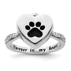 Sterling Silver Rhodium-plated CZ Shank Heart Enameled Paw Print FOREVER IN MY HEART (Inside) Ash Holder Size 8 Ring