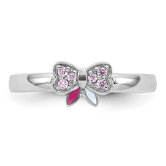 Sterling Silver Rhodium-plated Children's Size 3 Pink CZ with Pink and White Enamel Bow Ring