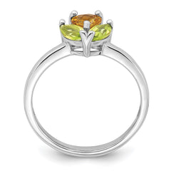 Sterling Silver Rhodium-plated Polished Heart Citrine and Peridot Flower Ring - 3