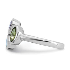 Sterling Silver Rhodium-plated Polished Pear Blue Topaz, Oval Peridot and Emerald-cut Amethyst Size 7 Ring