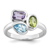 Sterling Silver Rhodium-plated Polished Pear Blue Topaz, Oval Peridot and Emerald-cut Amethyst Size 7 Ring