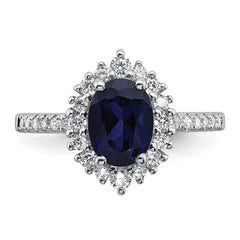 Sterling Silver Rhodium-plated Polished Lab Created Sapphire and CZ Oval Halo Size 6 Ring