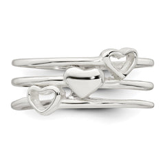 Sterling Silver Polished Hearts Three Band Size 8 Ring