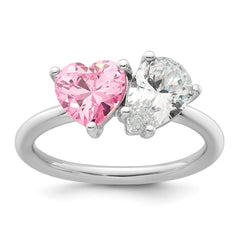 Sterling Silver Rhodium-plated Polished Heart Pink and Pear-shaped White CZ Size 7 Ring