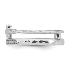 Sterling Silver Rhodium-plated Polished CZ and Hammered Cross Double Band Size 7 Ring