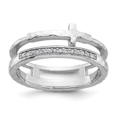 Sterling Silver Rhodium-plated Polished CZ and Hammered Cross Double Band Size 8 Ring