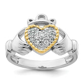 Sterling Silver Rhodium-plated with 14k Accent Polished CZ Size 8 Claddagh Ring - 2