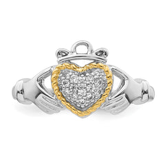 Sterling Silver Rhodium-plated with 14k Accent Polished CZ Size 6 Claddagh Ring - 2