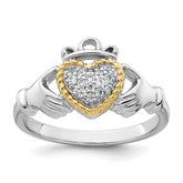 Sterling Silver Rhodium-plated with 14k Accent Polished CZ Size 6 Claddagh Ring - 2