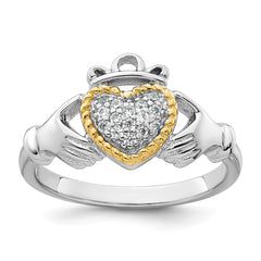 Sterling Silver Rhodium-plated with 14k Accent Polished CZ Size 7 Claddagh Ring - 2