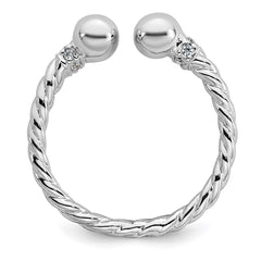 Sterling Silver Rhodium-plated Polished and Twisted CZ Ball End Size 7 Ring