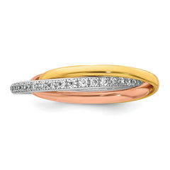 Sterling Silver Rhodium-plated Rose-tone and Gold-tone Polished CZ Intertwined Triple Band Size 7 Ring