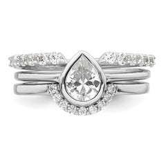 Sterling Silver Rhodium-plated Polished Pear Shape White CZ Ring with 2 Fitted CZ Bands Size 6 Three Ring Set