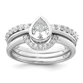 Sterling Silver Rhodium-plated Polished Pear Shape White CZ Ring with 2 Fitted CZ Bands Size 8 Three Ring Set