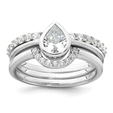 Sterling Silver Rhodium-plated Polished Pear Shape White CZ Ring with 2 Fitted CZ Bands Size 7 Three Ring Set