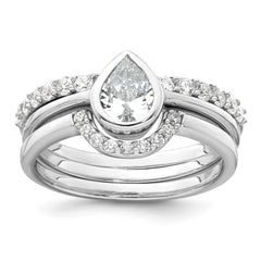 Sterling Silver Rhodium-plated Polished Pear Shape White CZ Ring with 2 Fitted CZ Bands Size 7 Three Ring Set