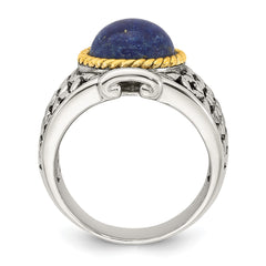 Sterling Silver Antiqued with Gold-plated Accent Polished Round Lapis Cabochon Woven Pattern Ring - 2