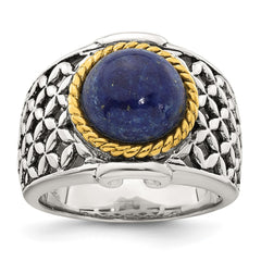 Sterling Silver Antiqued with Gold-plated Accent Polished Round Lapis Cabochon Woven Pattern Ring