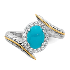 Sterling Silver Rhodium-plated with 14k Feather Accent Polished Reconstructed Turquoise Cabochon and White Topaz Ring - 3