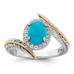 Sterling Silver Rhodium-plated with 14k Feather Accent Polished Reconstructed Turquoise Cabochon and White Topaz Ring - 3