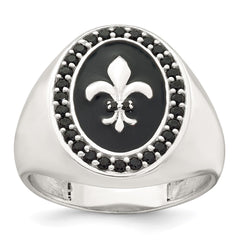 Sterling Silver Polished Fleur de Lis Black Enameled and Black Nano Crystals Size 9 Mens Signet Ring