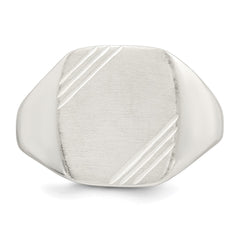 Sterling Silver Polished Brushed and Grooved 15.3mm x 13.2mm Rectangle Closed Back Size 9 Mens Signet Ring