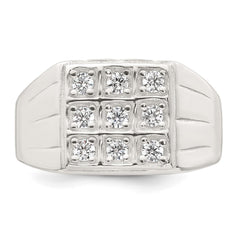 Sterling Silver Polished and Grooved White CZ Square Size 10 Mens Ring