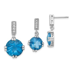Sterling Silver Rhod-plated Blue and Clear CZ Pendant and Earring Set