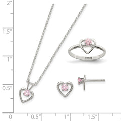 Sterling Silver Polished Pink CZ Heart Children's 15in Necklace, Size 3 Ring & Post Earrings Set