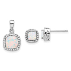 Sterling Silver Rh-plated CZ and Created Opal Halo Pendant and Earring Set - 2