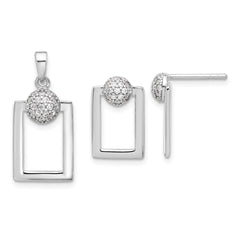Sterling Silver RH-plated Micro Pave CZ Rectangle Earrings and Pendant Set