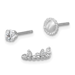Sterling Silver Rhodium-plated Textured CZ Stud/Circle/Ear Cuff Set of 3 Single Earrings Set