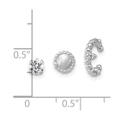 Sterling Silver Rhodium-plated Textured CZ Stud/Circle/Ear Cuff Set of 3 Single Earrings Set