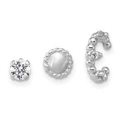 Sterling Silver Rhodium-plated Textured CZ Stud/Circle/Ear Cuff Set of 3 Single Earrings Set