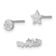 Sterling Silver Rhodium-plated Polished CZ Star/Circle/Ear Cuff Set of 3 Single Earrings Set