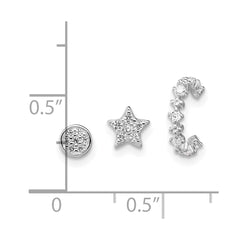 Sterling Silver Rhodium-plated Polished CZ Star/Circle/Ear Cuff Set of 3 Single Earrings Set