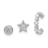 Sterling Silver Rhodium-plated Polished CZ Star/Circle/Ear Cuff Set of 3 Single Earrings Set