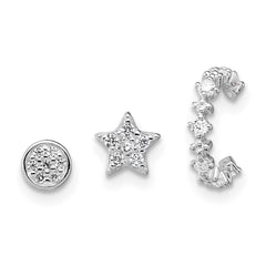 Sterling Silver Rhodium-plated Polished CZ Star/Circle/Ear Cuff Set of 3 Single Earrings Set