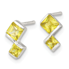 Sterling Silver Polished Square Yellow CZ Pendant and Post Earring Set